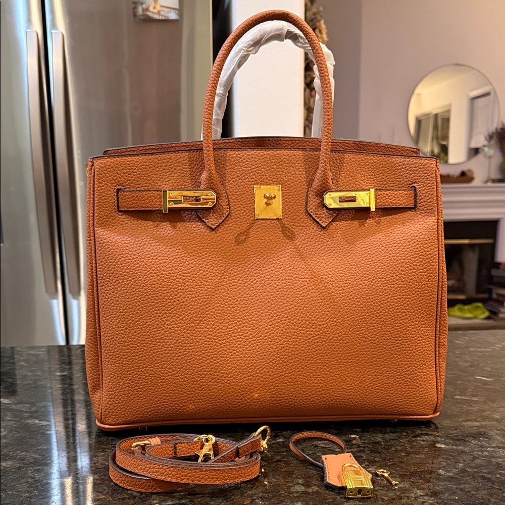 Luxury Tan Leather Satchel with Gold Hardware 35cm